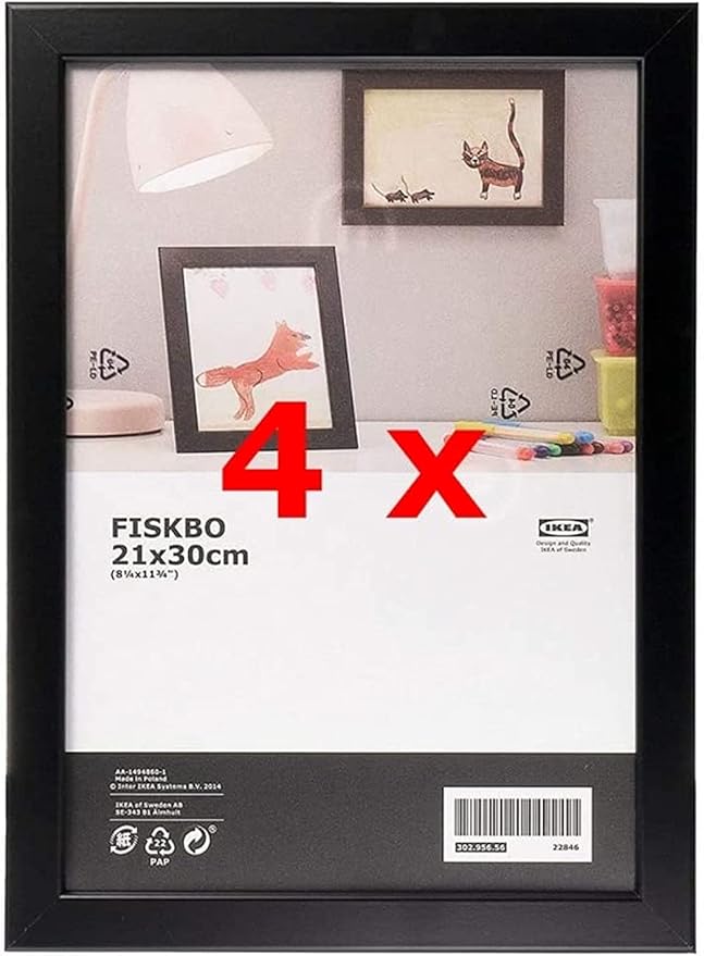 Ikea FISKBO, Set di 4 cornici per foto, formato A4, 21 x 30 cm, colore: Nero