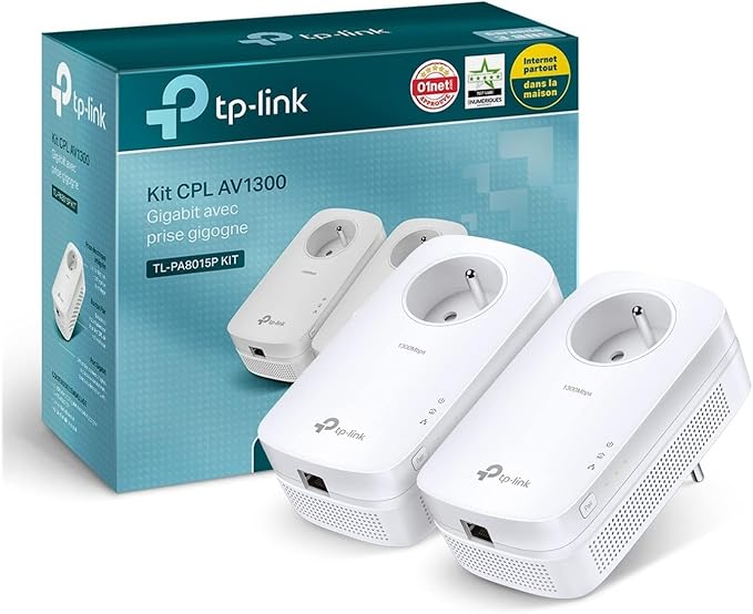 TP-Link CPL AV1200 (Débit 1200 Mbps), 1 Port Ethernet Gigabit, Prise Intégrée Version Française, Pack de 2 CPL (TL-PA8015P KIT)