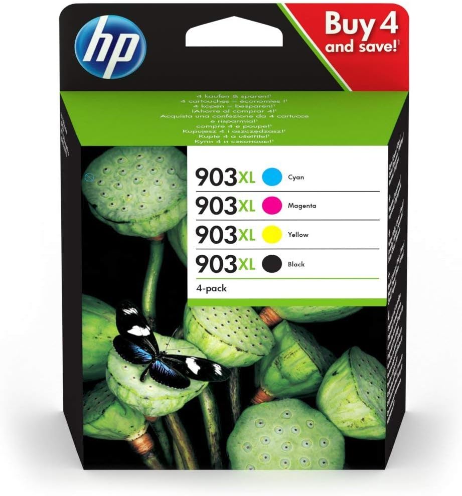 HP 903XL Nero, Ciano, Giallo e Magenta, 3HZ51AE, confezione da 4 Cartucce Originali HP, ad Alta Capacità, compatibi con Stampanti HP OfficeJet 6950, OfficeJet Pro 6960 e 6970