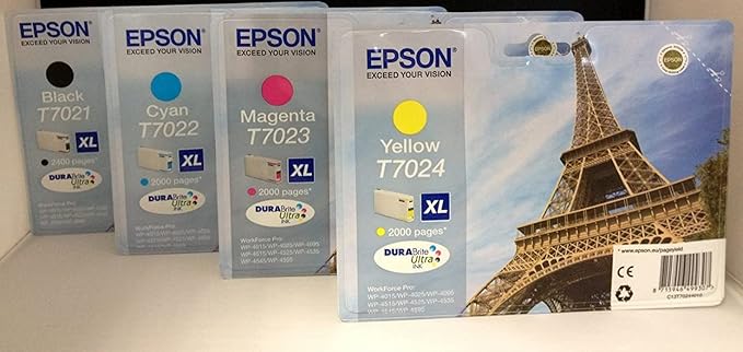 Epson Lot de 4 cartouches d'encre d'origine T7021 T7022 T7023 T7024 XL Tour Eiffel pour Workforce Pro WP4015, WP4025, WP4095, WP4515, WP4525, WP4535, WP4545, WP4595