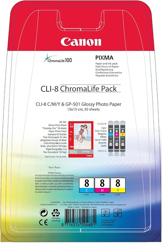 Canon Kit Cartouche d'encre d'origine CLI-8 (Cyan, Magenta, Jaune) et papier GP-501