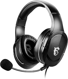 MSI IMMERSE GH20 Casque Stéréo Gaming - Design Léger, Transducteurs Néodyme 40mm, Micro Réglable, Commandes sur Câble, Connecteur Jack 3.5mm & Répartiteur de Câble en Y - Filaire