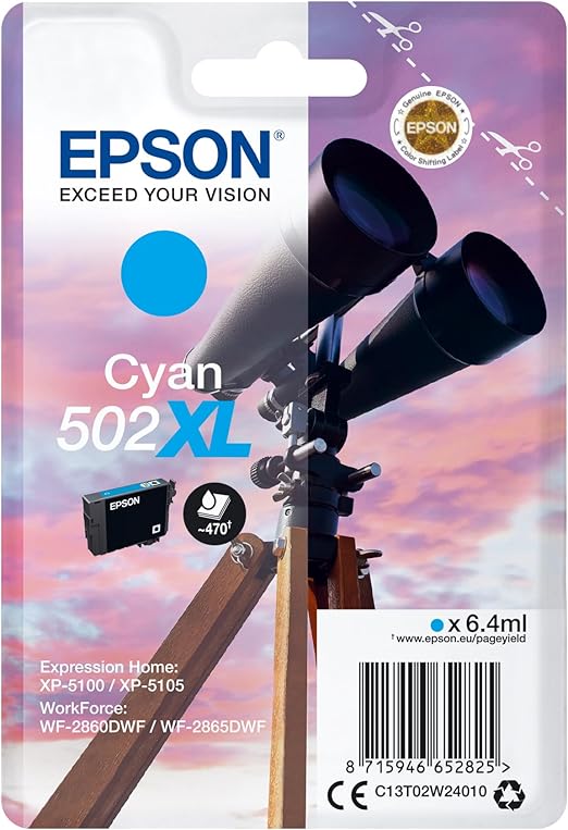 Epson 502 Serie Binocolo, Cartuccia originale getto d'inchiostro, Formato XL, Ciano