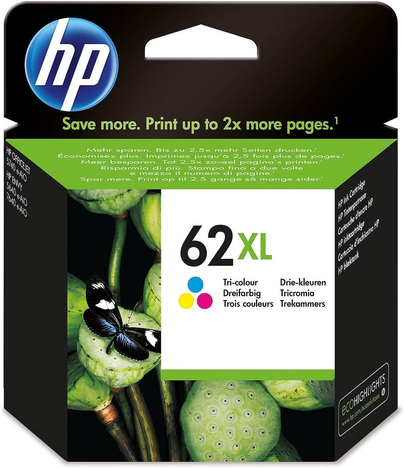 HP 62XL Tricromia, C2P07AE, Cartuccia Originale da 415 Pagine, Alta Capacità, Compatibile con Stampanti Envy 5540, 5642, 5644, 5742, 7640, OfficeJet Mobile serie 200
