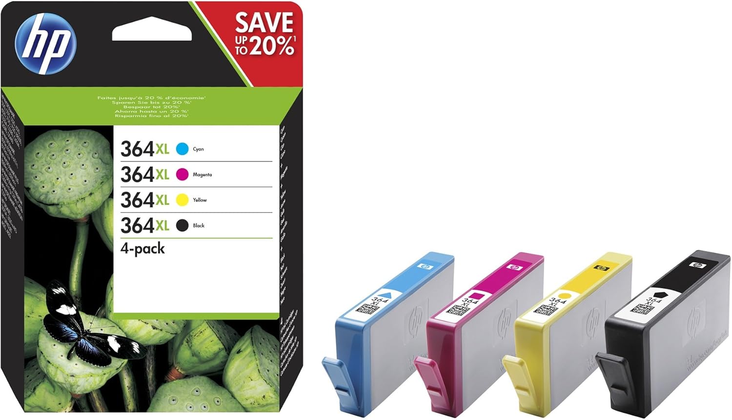 HP 364XL N9J74AE Cartucce Originali per Stampanti a Getto di Inchiostro Photosmart B210c, B110c, B110e, B8550, 7520, Deskjet 3520, 3522, 3524, Confezione da 4, Nero, Ciano, Giallo, Magenta