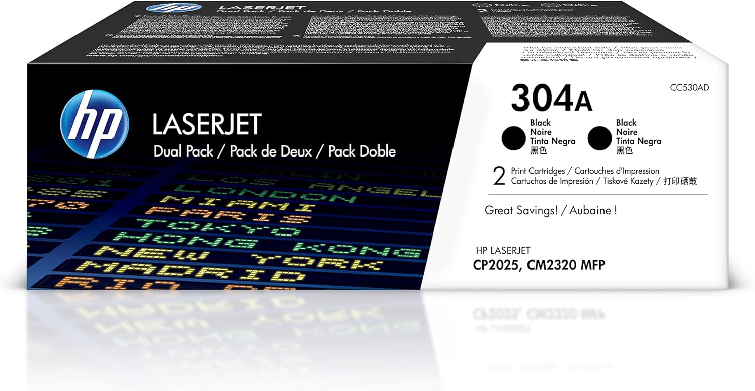 HP 304A CC530AD, Multipack da 2 Toner Originali HP da 3500 Pagine, Compatibile con le Stampanti HP LaserJet CP 2025, CM 2320 mfp, Nero
