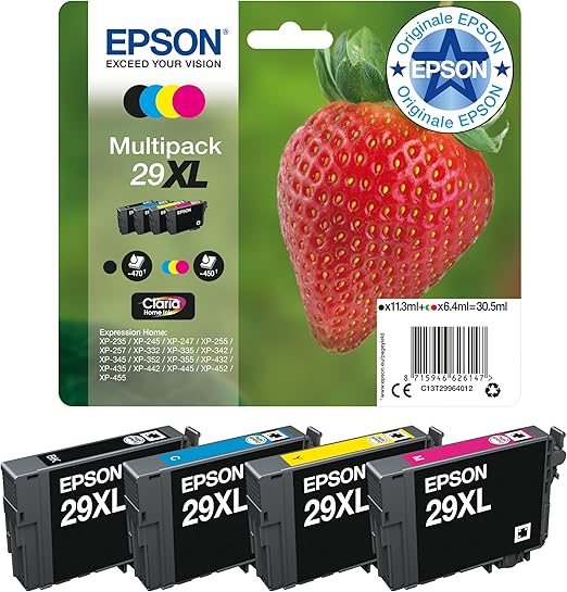 Epson Serie 29XL Fragole Cartucce Claria Home per Stampante Inkjet, Multipack 4 Colori, Formato XL, Stampe Casa/Ufficio fino 450 pagine a colori/470 black, Confezione Retail