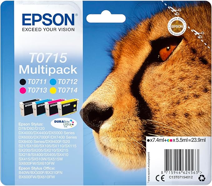 Epson Ghepardo Serie T0715, DURABrite Ink, Multipack 4 Colori, Nero, Ciano, Magenta, Giallo, Pack con antitaccheggio